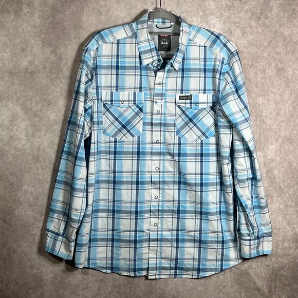 Wrangler Outdoor Shirt Mens Large Blue Plaid Snap Front Outdoors Pockets Work - Picture 1 of 9